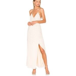 Saylor Lilith beaded maxi dress in champagne beige cream front slit size XS